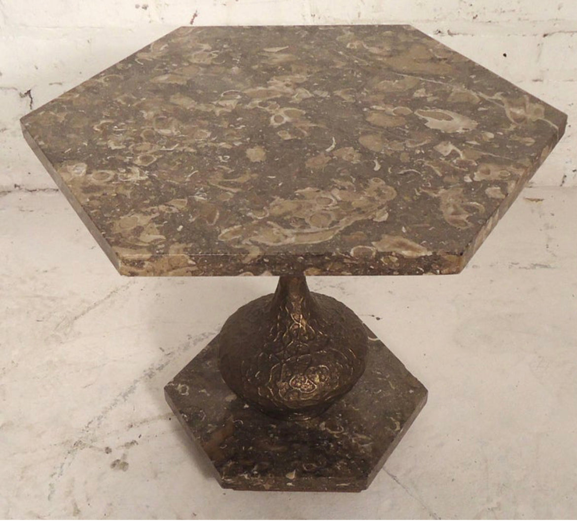 Gorgeous “I Dream of Jeannie” Marble and Two Toned Brass Hexagon Shaped Side Table