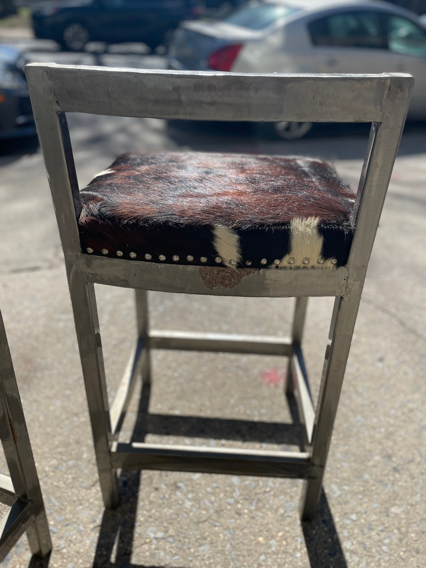 Pair of Steel and Pony Skin Counter Height Stools