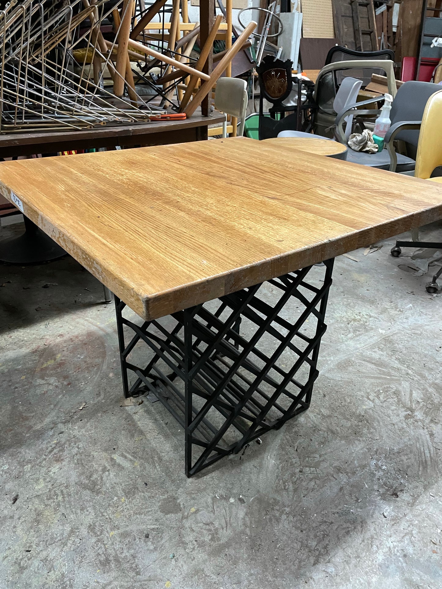 Square Butcher Block Dining Table on a Heavy Cast Iron Wine Rack Base