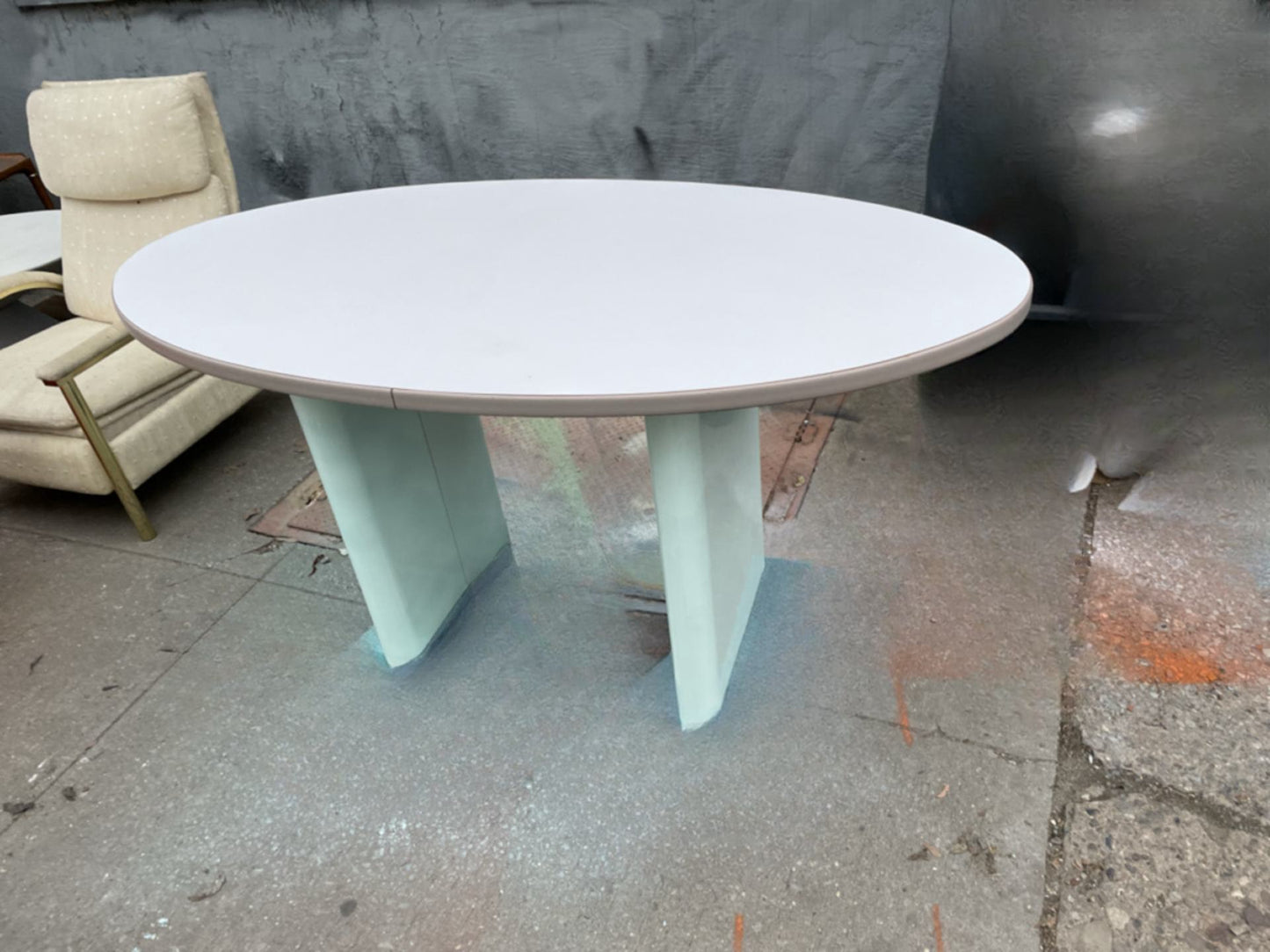 Oval Postmodern Dining Table with Mint Colored Base