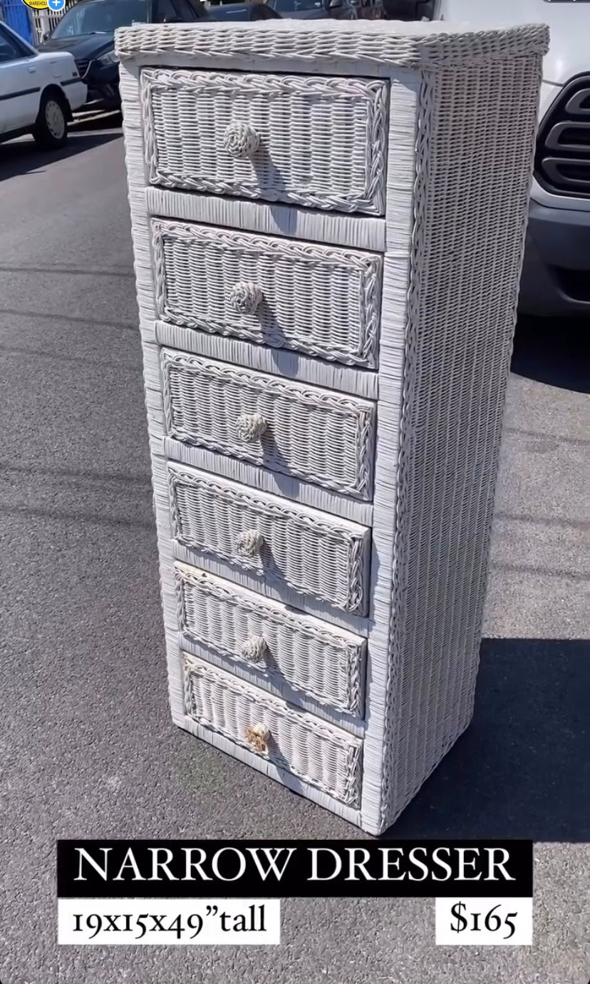 Narrow Tall Boho White Wicker Chest of Drawers