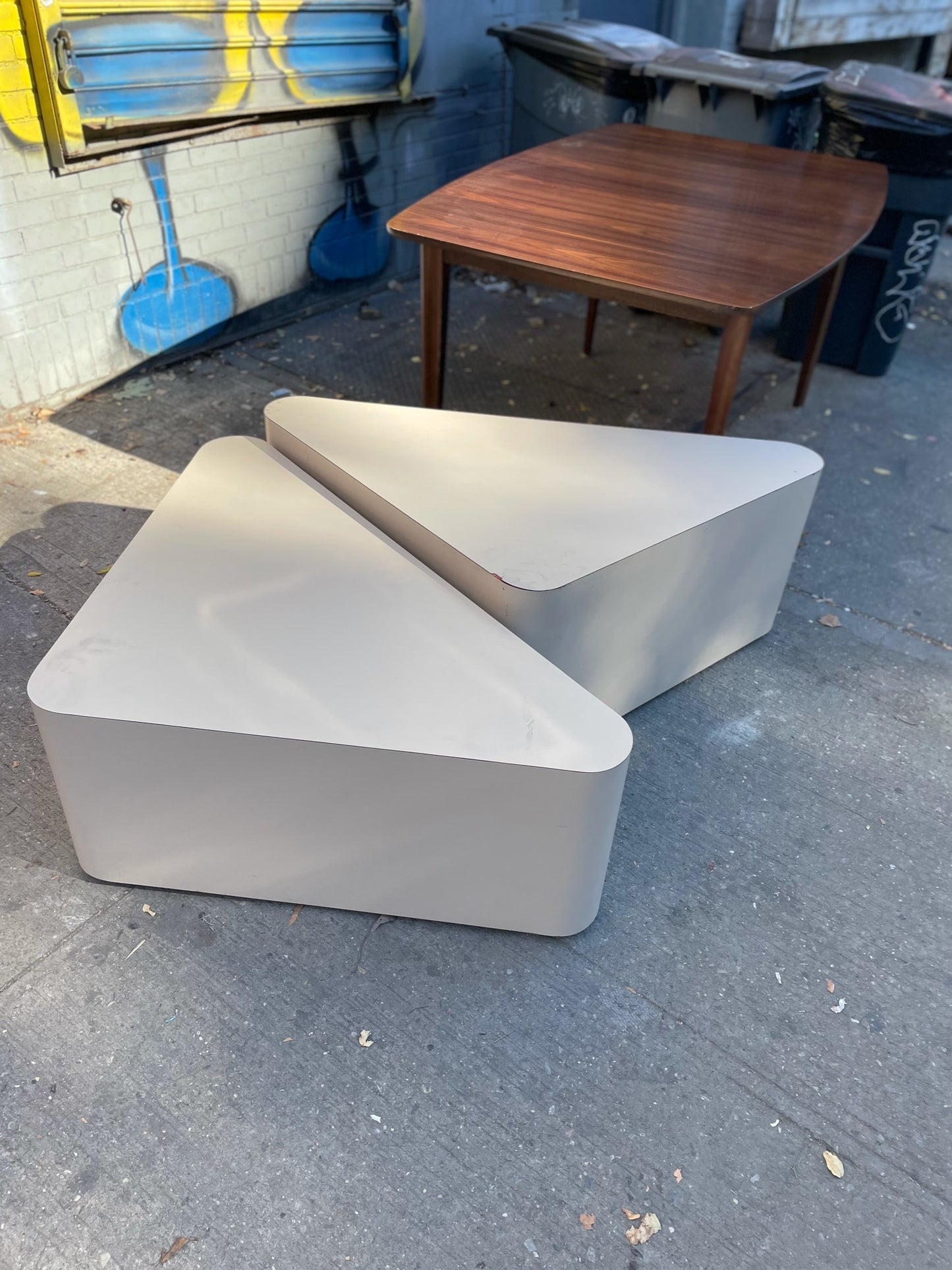 Pair of Plinth Style Rounded Triangle Coffee Tables