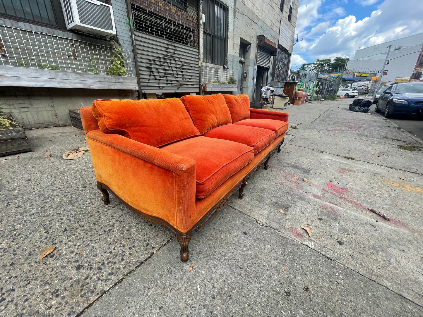 Orange Velvet Corduroy Antique Wood Framed Sofa