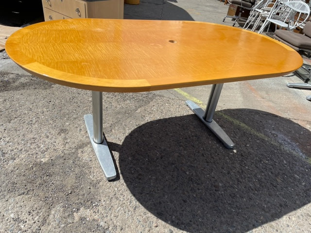 Tiger Maple Racetrack Shaped and Chrome Dining Table