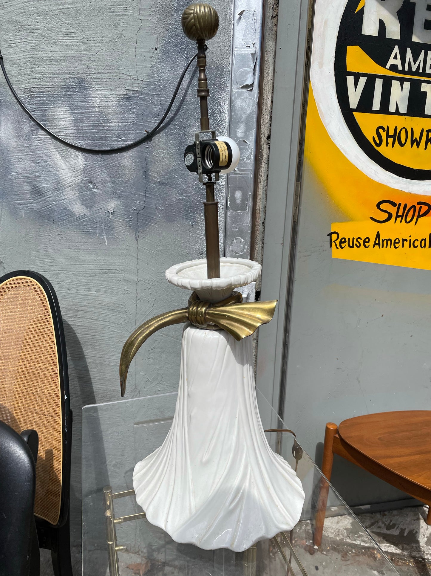 1982 White Ceramic and Brass Chapman Lamp