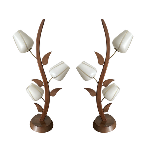 Mid Century Modern Wood and Brass Vintage Floral-Inspired Lamps (Pair Available Priced Individually)