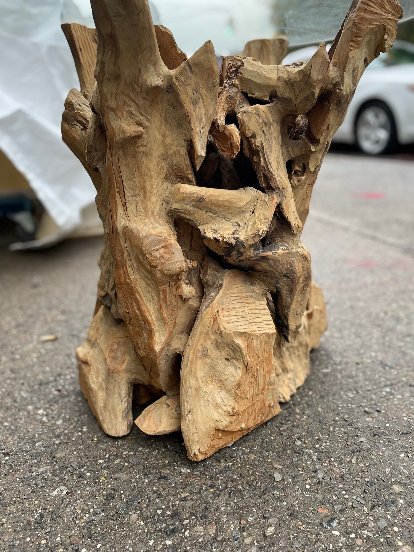 Driftwood Side Table With Round Glass Top