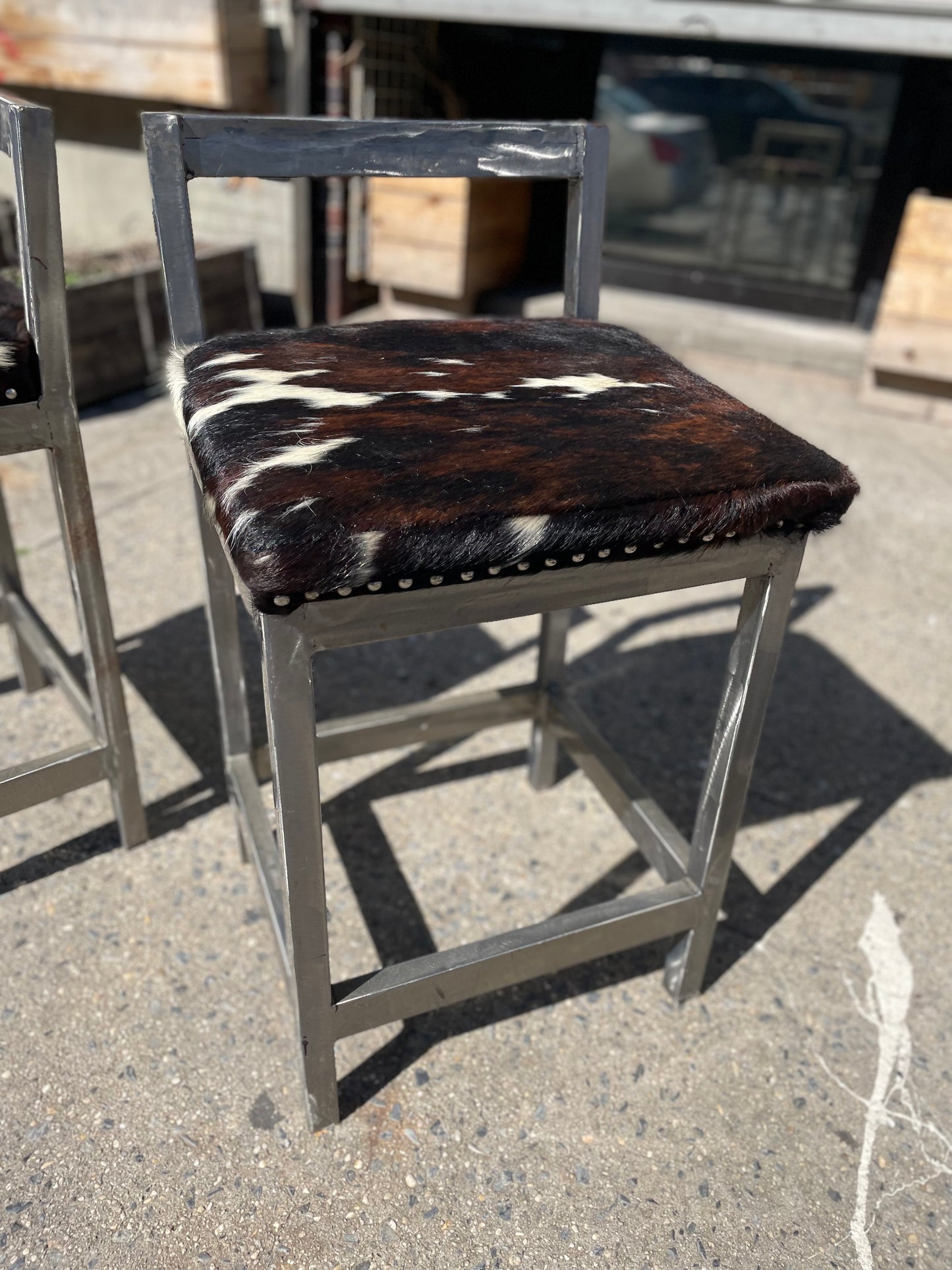 Pair of Steel and Pony Skin Counter Height Stools