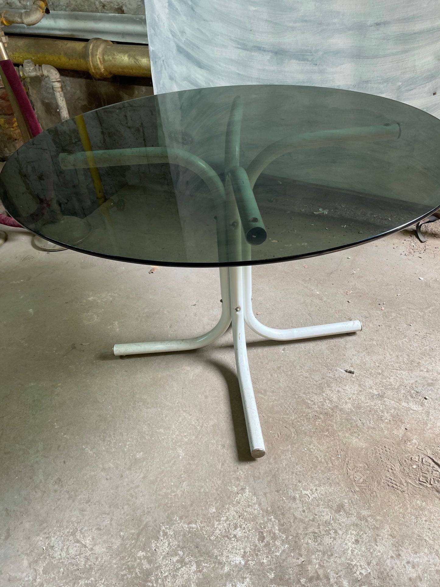 Smoked Glass Round Kitchen Table with White Metal Base