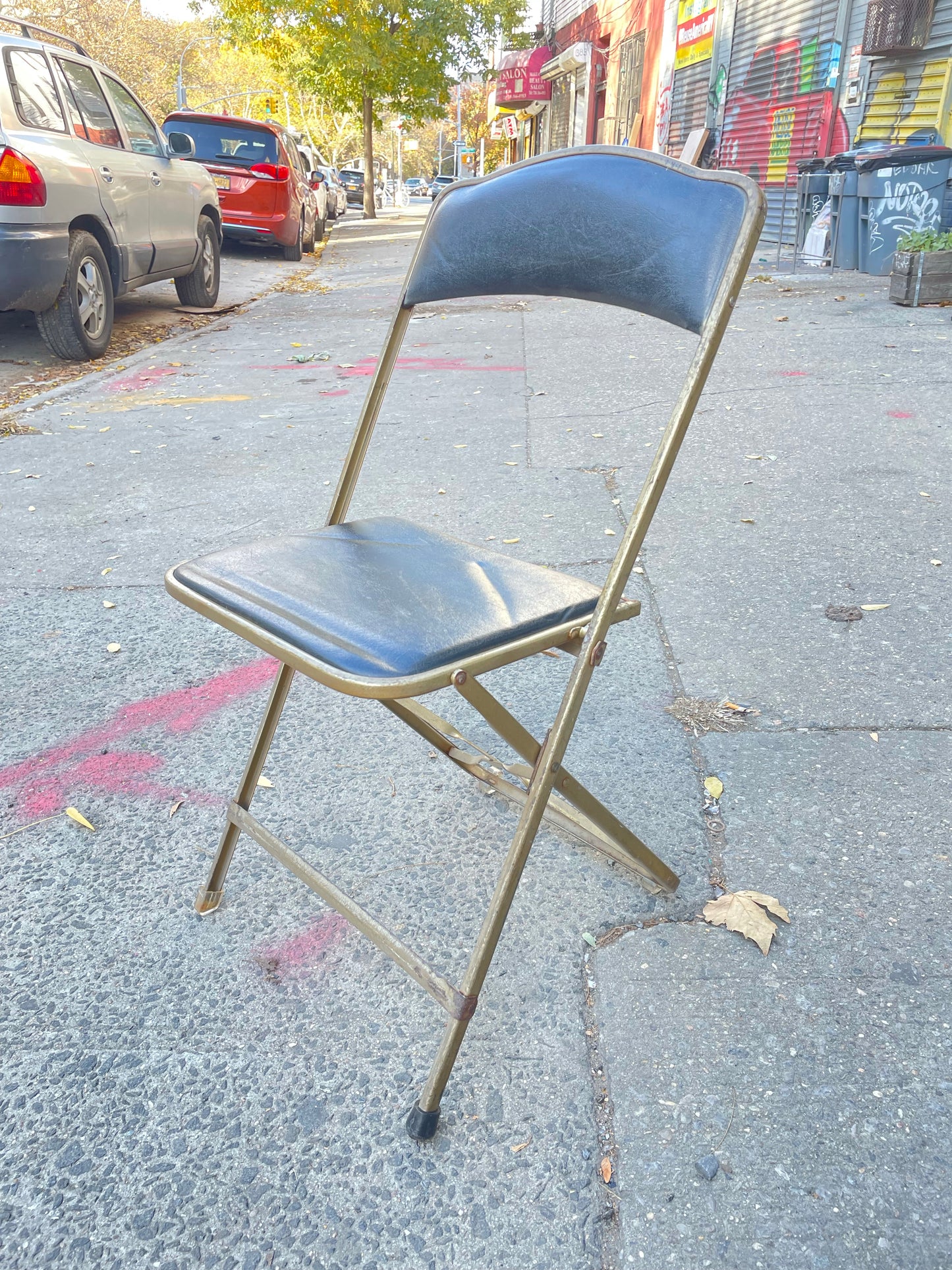 Set of 6 Brass Folding Chairs - Black Vinyl