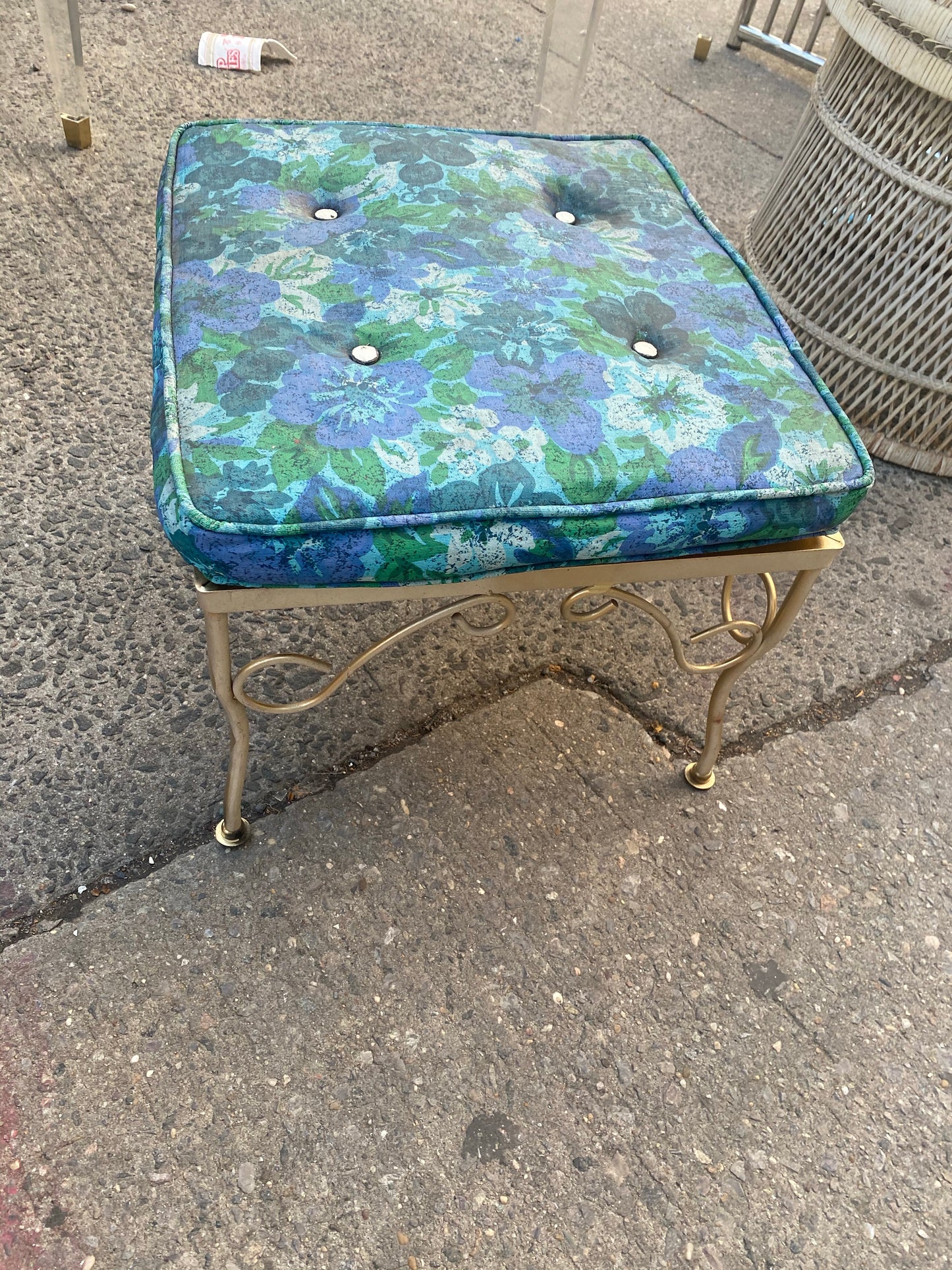 Pair of Outdoor Vintage Foot Stools Blue Floral