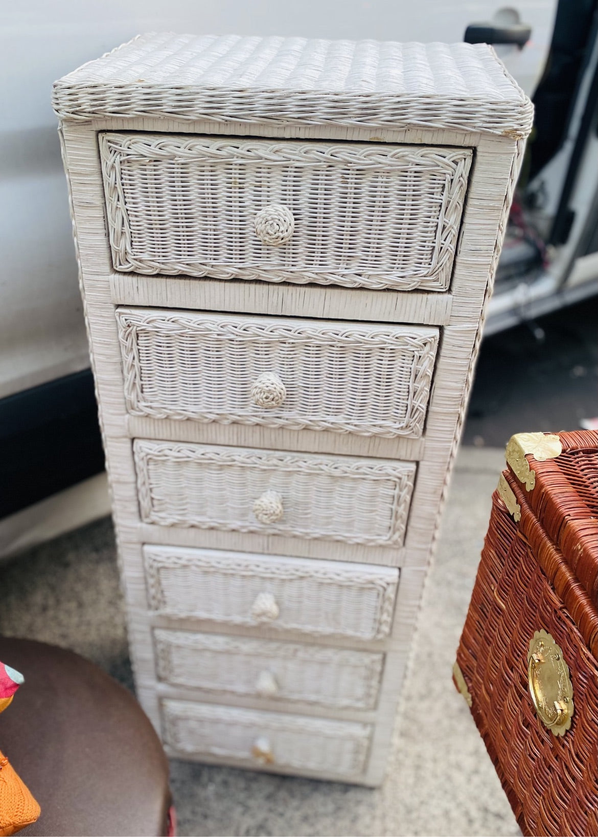 Narrow Tall Boho White Wicker Chest of Drawers