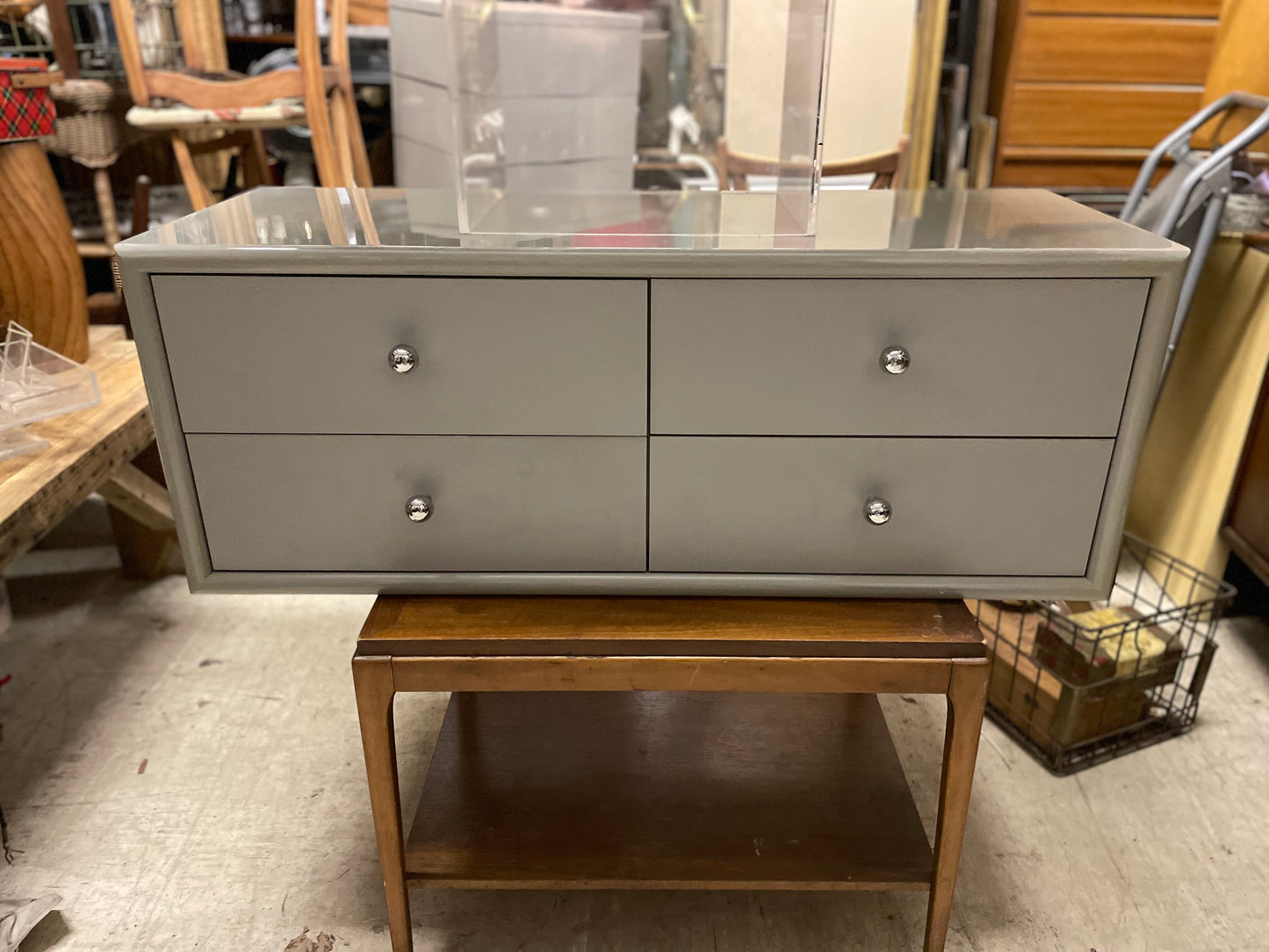 Postmodern Sage Green Lacquer Low-board with Hood Wall Unit Media Console