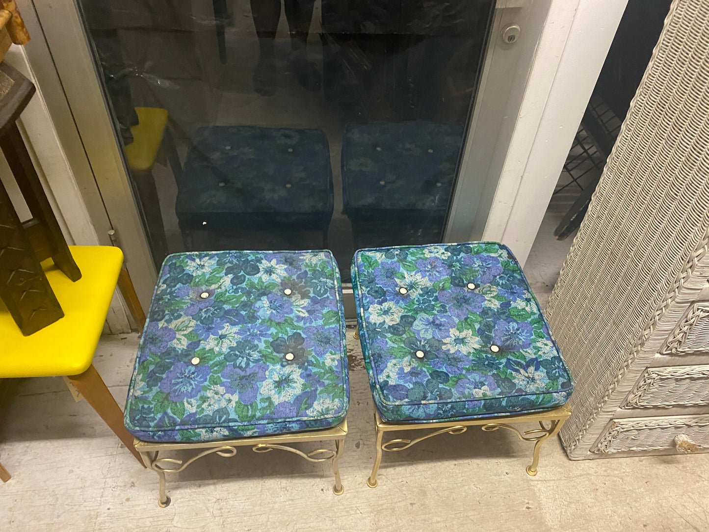 Pair of Outdoor Vintage Foot Stools Blue Floral