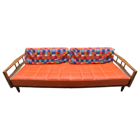 Orange Vinyl and Walnut MCM Daybed Sofa