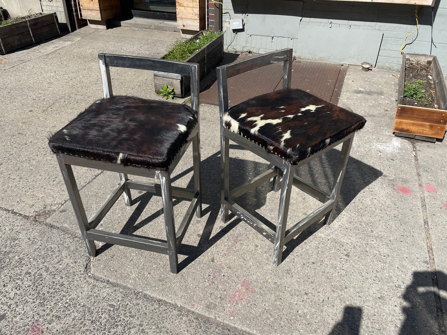 Pair of Steel and Pony Skin Counter Height Stools