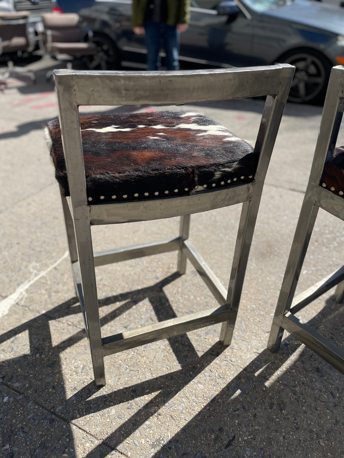 Pair of Steel and Pony Skin Counter Height Stools