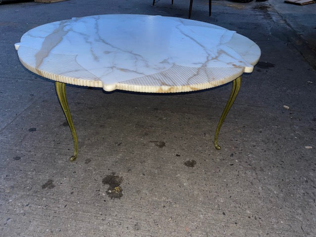 Italian Mid Century Circular Star Form White Marble Coffee Table with Brass Legs Circa 1950s