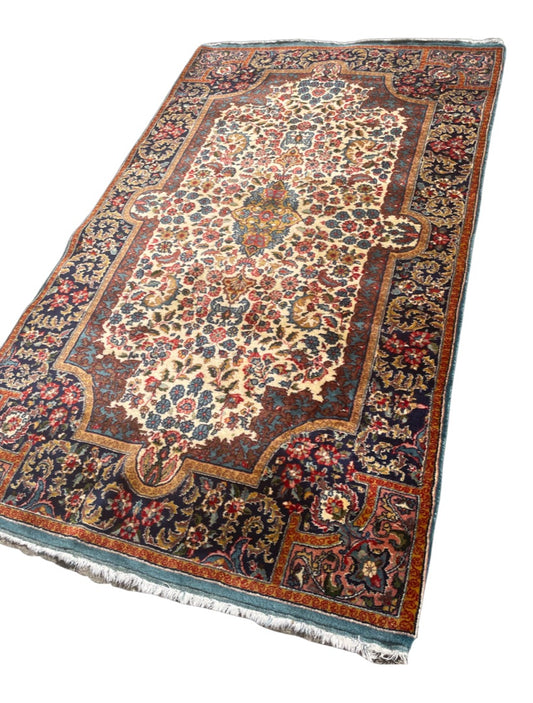 Handmade Baby Blue, Pink, Tan and Orange Persian Rug 4x5’