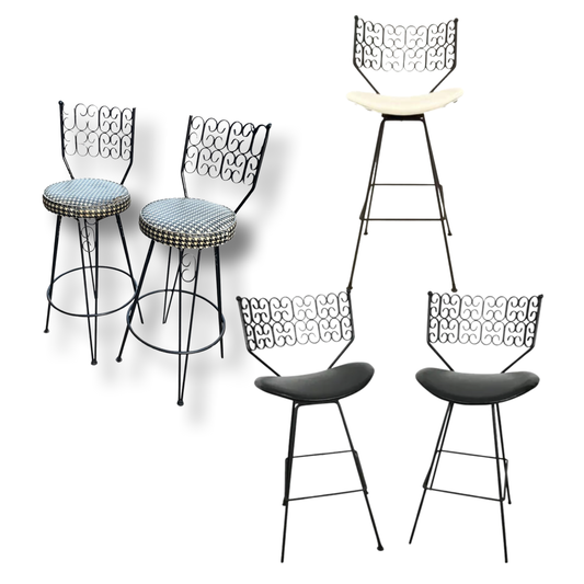 Pair of Arthur Umanoff for Grenada Collection Iron Swivel Counter Bar Stools W/ Original Houndstooth Cushions