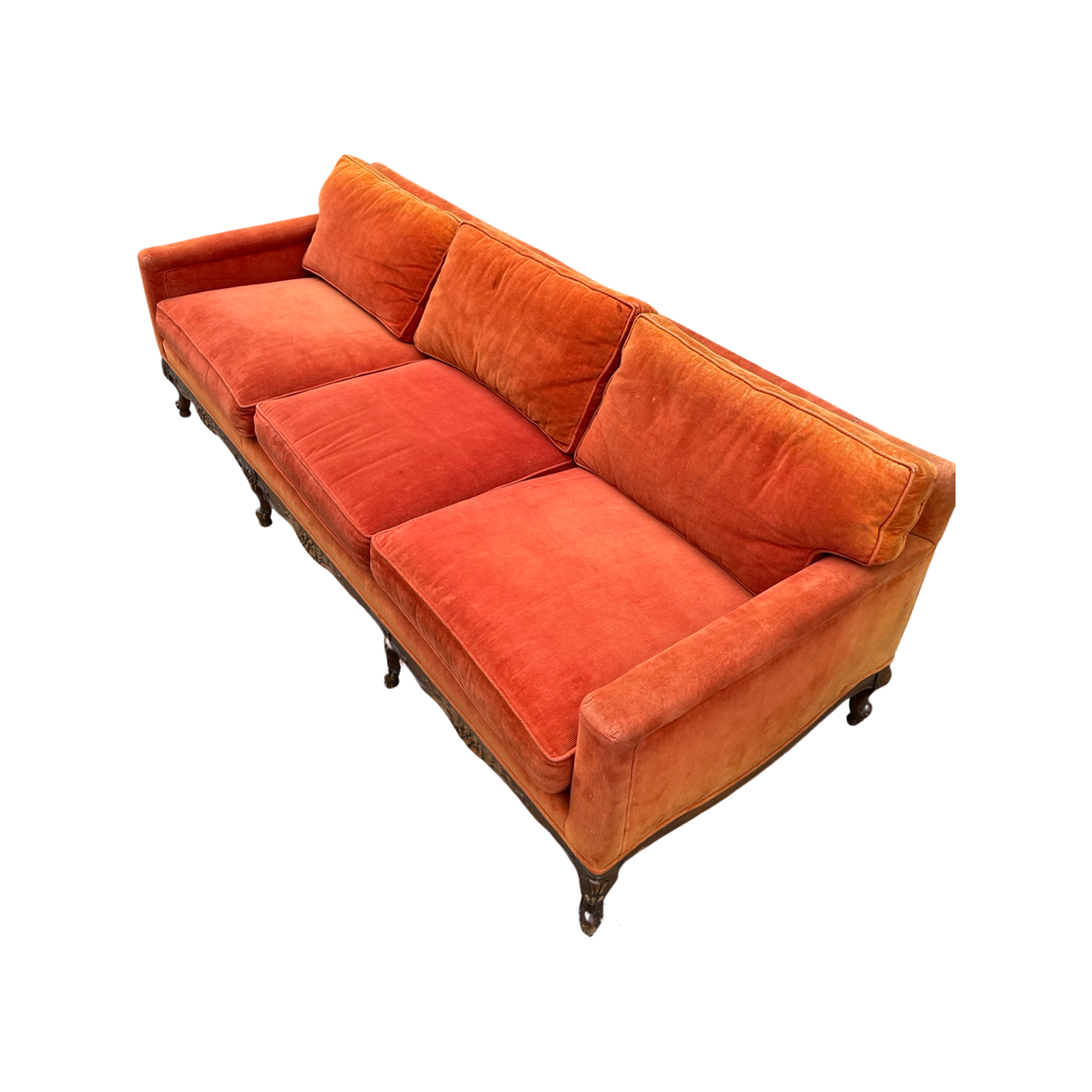 Orange Velvet Corduroy Antique Wood Framed Sofa