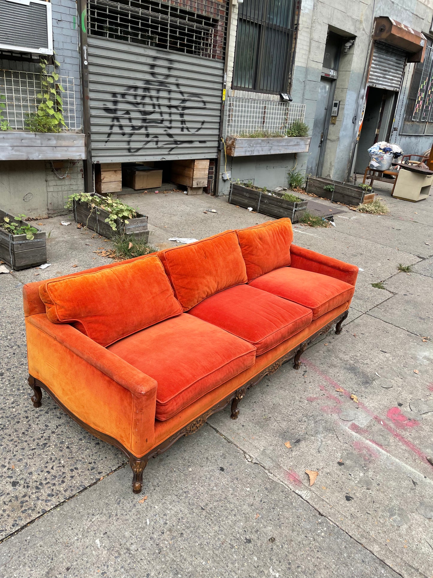 Orange Velvet Corduroy Antique Wood Framed Sofa