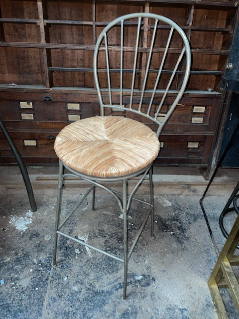 Pair of Vintage Metal and Rush Swivel Bar Stools