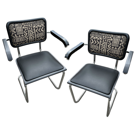 Pairs of Black Leather and Upholstry Cesca Dining Chairs Originally Designed by Marcel Breuer (6 Total Chairs Available)