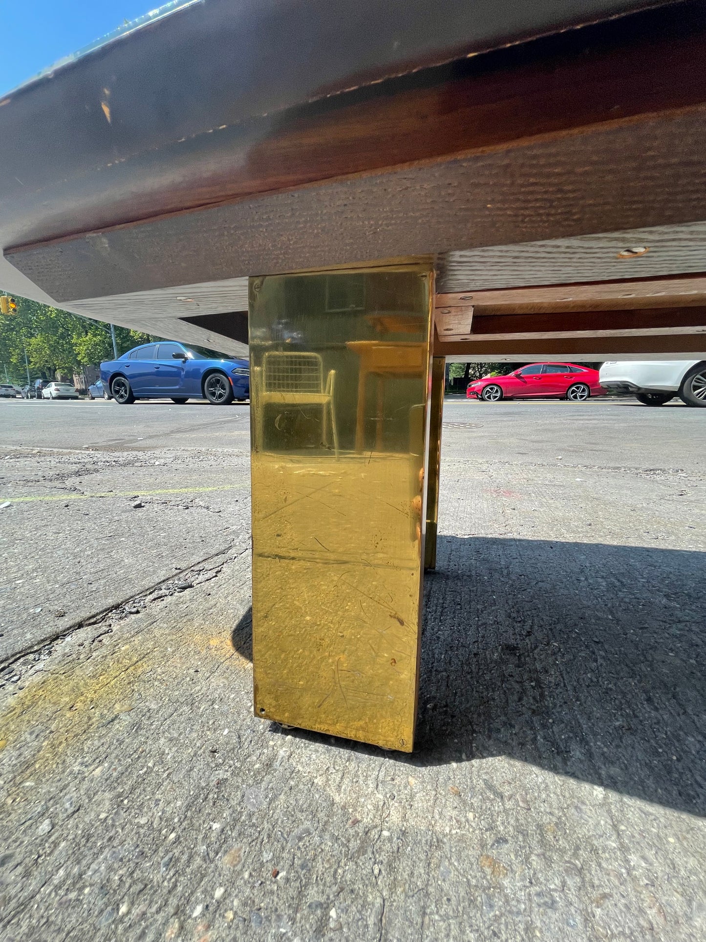 Surfboard Shaped Coffee Table With Marble Inlay and Brass Legs