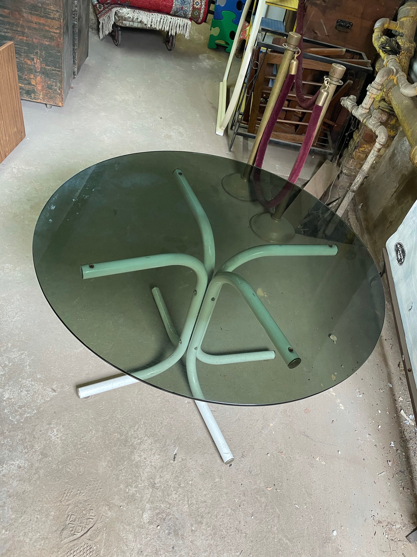 Smoked Glass Round Kitchen Table with White Metal Base