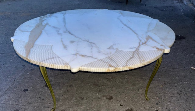 Italian Mid Century Circular Star Form White Marble Coffee Table with Brass Legs Circa 1950s