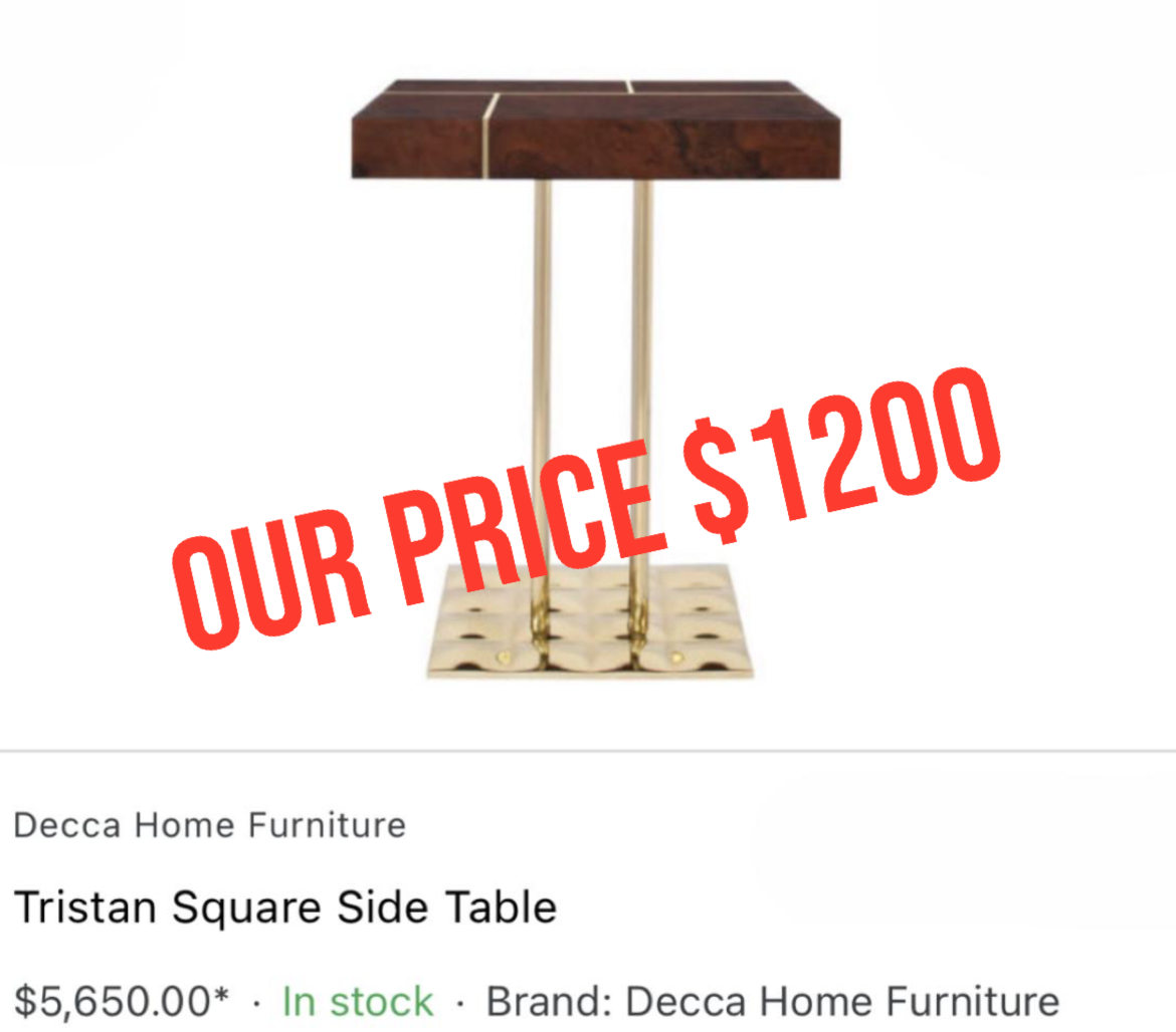 Pair of Decca Home Tristan Square Side Table with Walnut Burl Top and Spray Gold Chrome Base Designed by Dakota Jackson (Priced Individually)