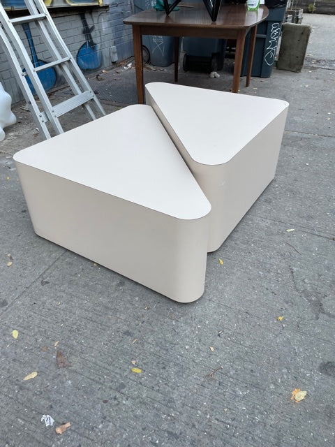 Pair of Plinth Style Rounded Triangle Coffee Tables