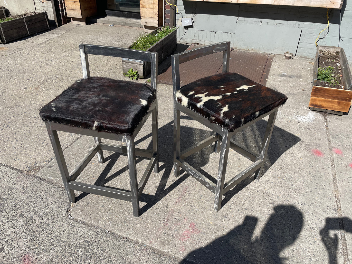 Pair of Steel and Pony Skin Counter Height Stools