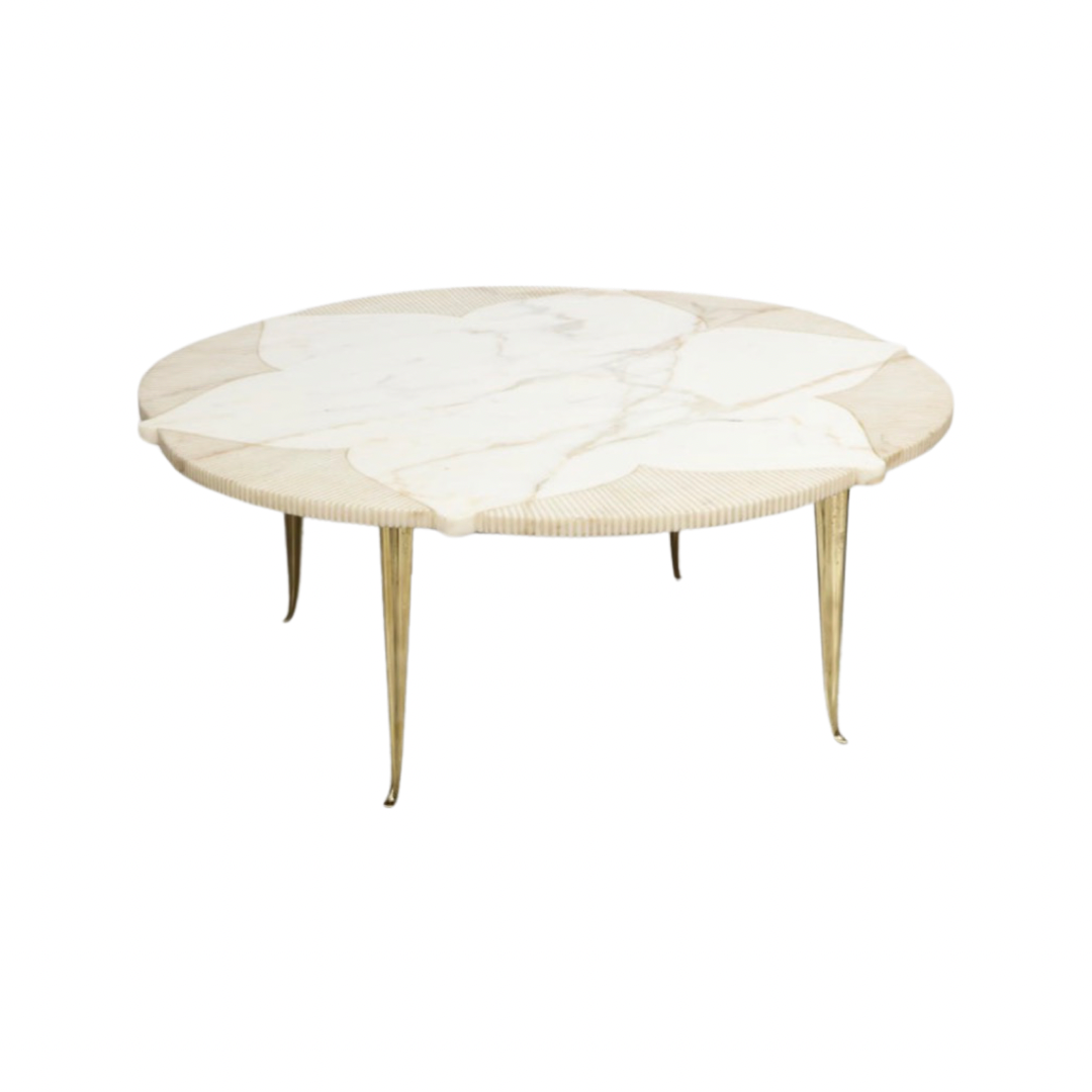 Italian Mid Century Circular Star Form White Marble Coffee Table with Brass Legs Circa 1950s