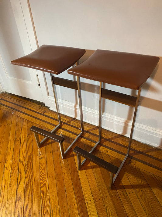 Pair of Cognac Brown and Chrome Italian Bar Stools