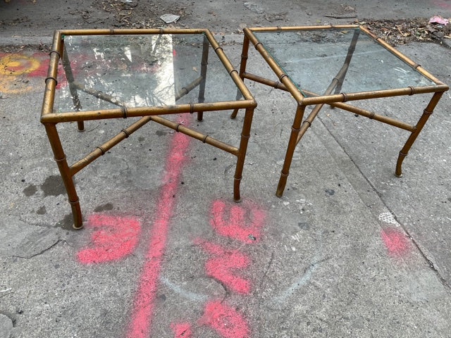 Pair of Hollywood Regency Metal and Glass Bamboo Square Side or Coffee Tables