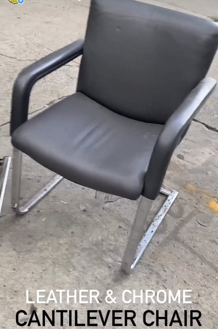 Grey Butter Leather and Chrome Cantilever Arm Chairs (Pair Available but Priced Individually)