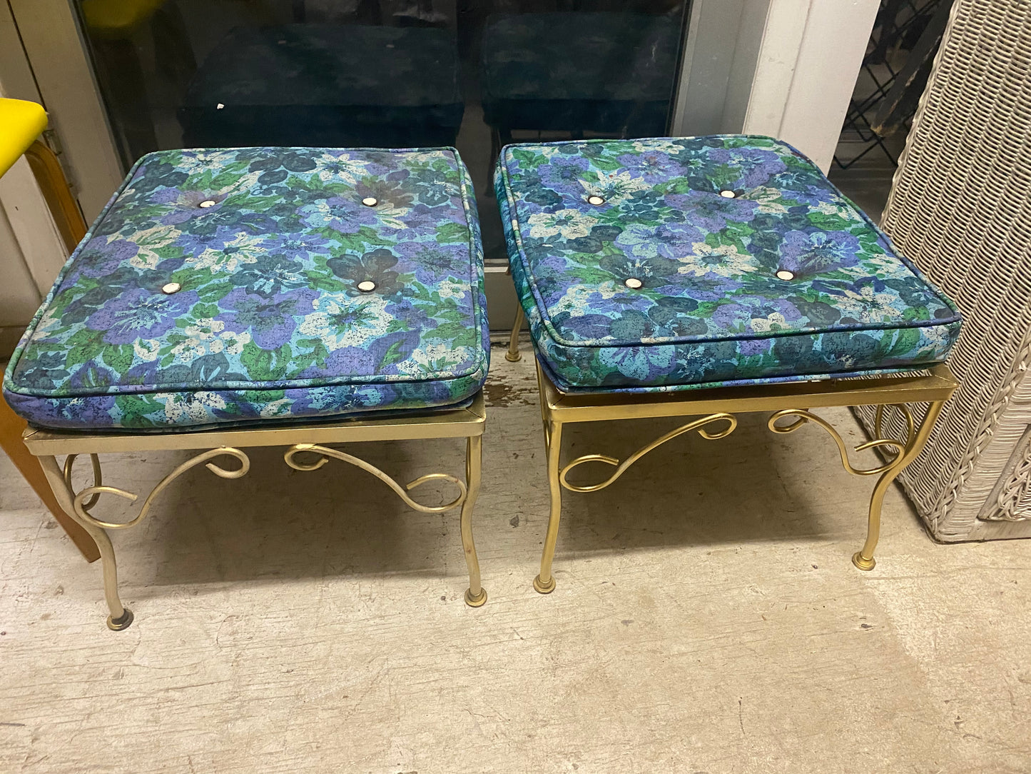 Pair of Outdoor Vintage Foot Stools Blue Floral