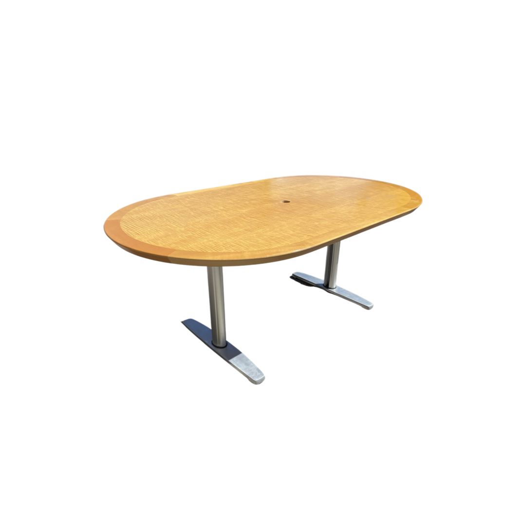 Tiger Maple Racetrack Shaped and Chrome Dining Table