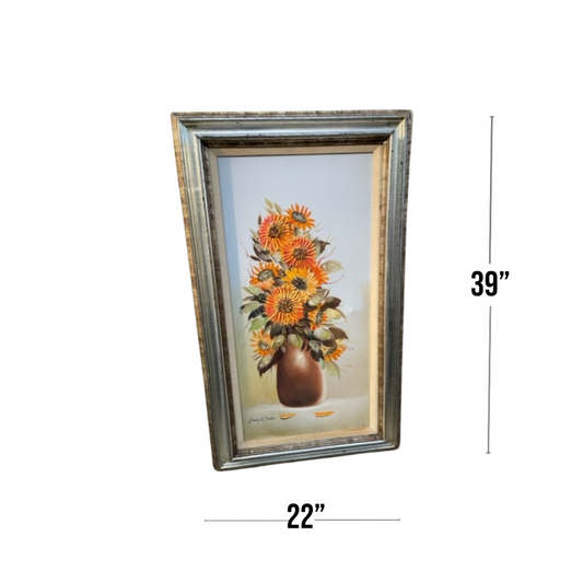 Mcm Original Framed Still Life Oil Painting Orange Flowers in Vase