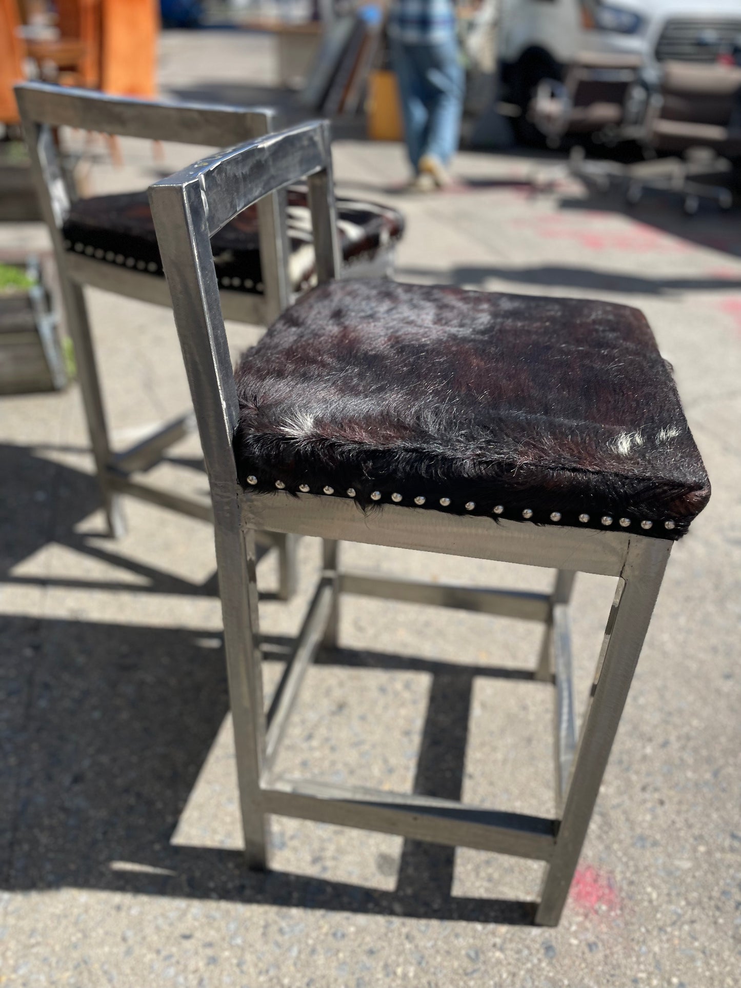 Pair of Steel and Pony Skin Counter Height Stools