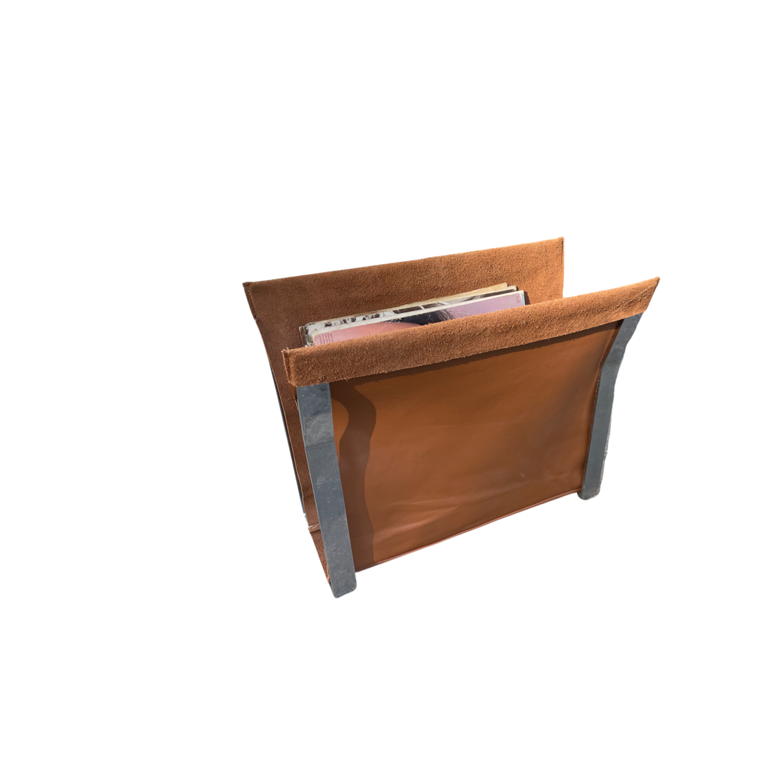 Cognac Brown Leather and Chrome MCM Magazine Rack in the Style of Milo Baughman