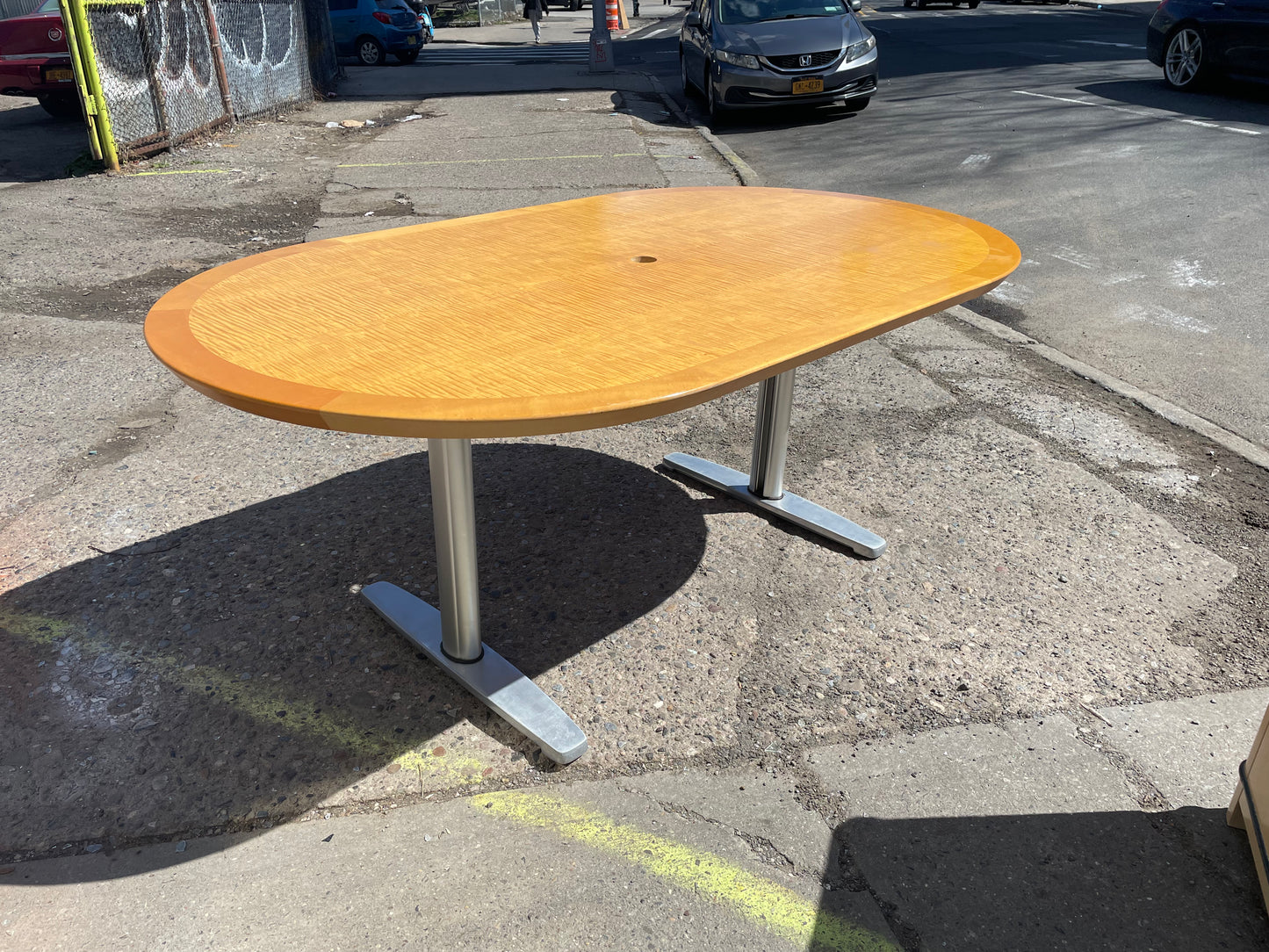 Tiger Maple Racetrack Shaped and Chrome Dining Table