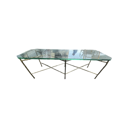 Mid Century Modern Solid Brass Rectangular Gilt Faux Bamboo Glass Top Coffee Table