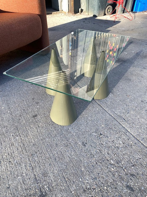 Modern Memphis Group Inspired Muted Green and Glass Cone Coffee Table  l