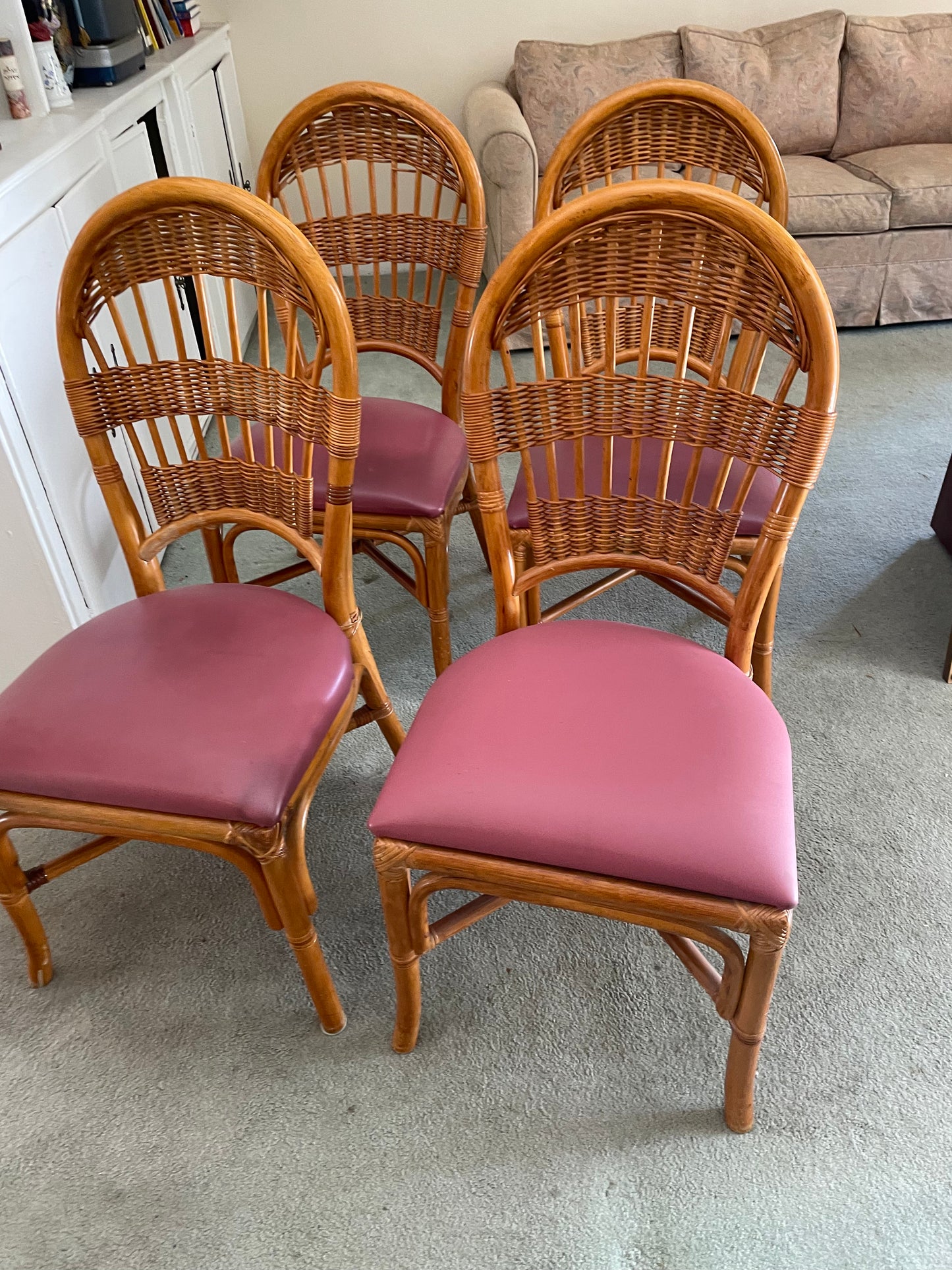 Peacock Medallion Bentwood Rattan Dining Chairs With Pink Cushions -Set/4