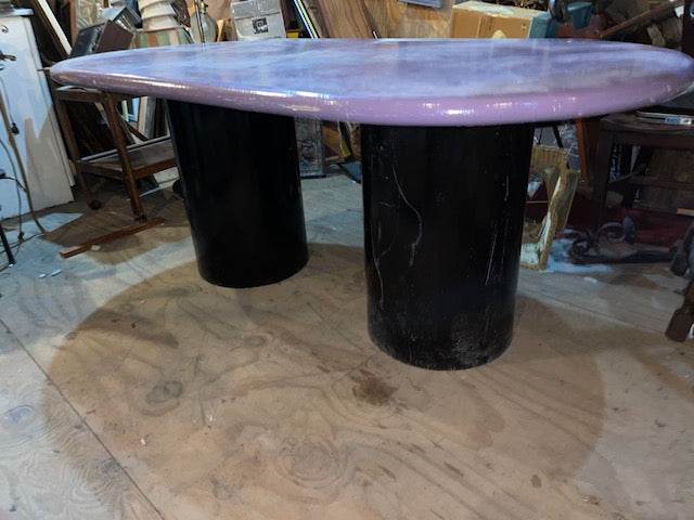 Postmodern Painted Raceway Shaped Dining Table with Double Black Drum Base