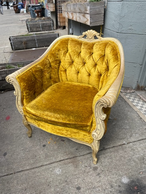 Ornate Antique Broyhill Gold Tufted Armchair