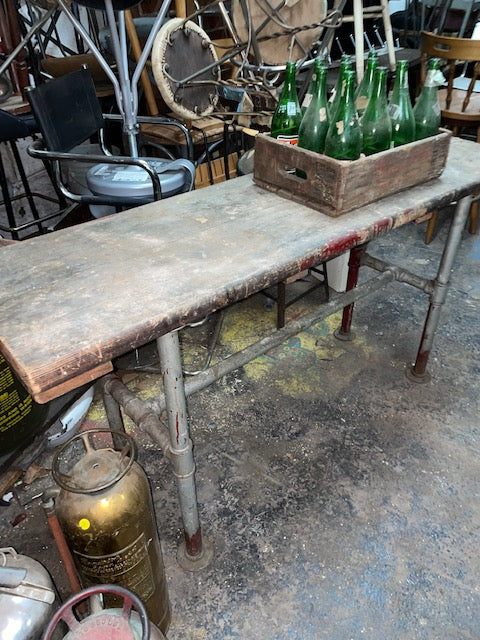 Industrial Metal Base And Wood Top Counter Height Desk or Work Bench Table